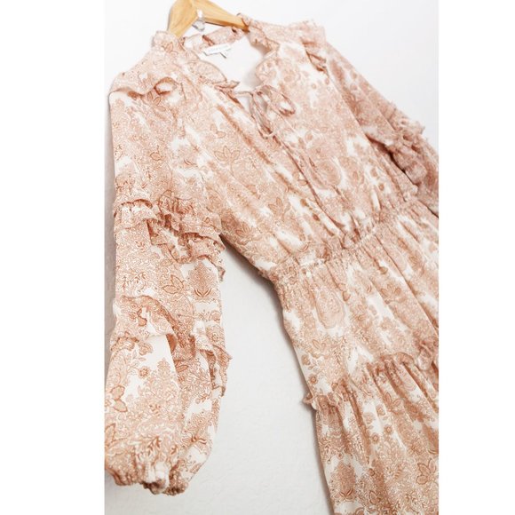 Moon River Women's M Paisley Print Tan Beige Tiered Ruffle Boho Mini Dress $118 - Picture 5 of 16